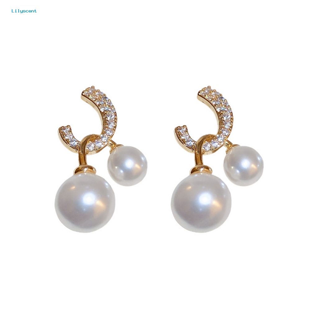 Lilyscent 1pasang Padat Wanita Anting Fashion Perhiasan Mempesona Berlian Imitasi Stud Earrings Dual Faux Pearls