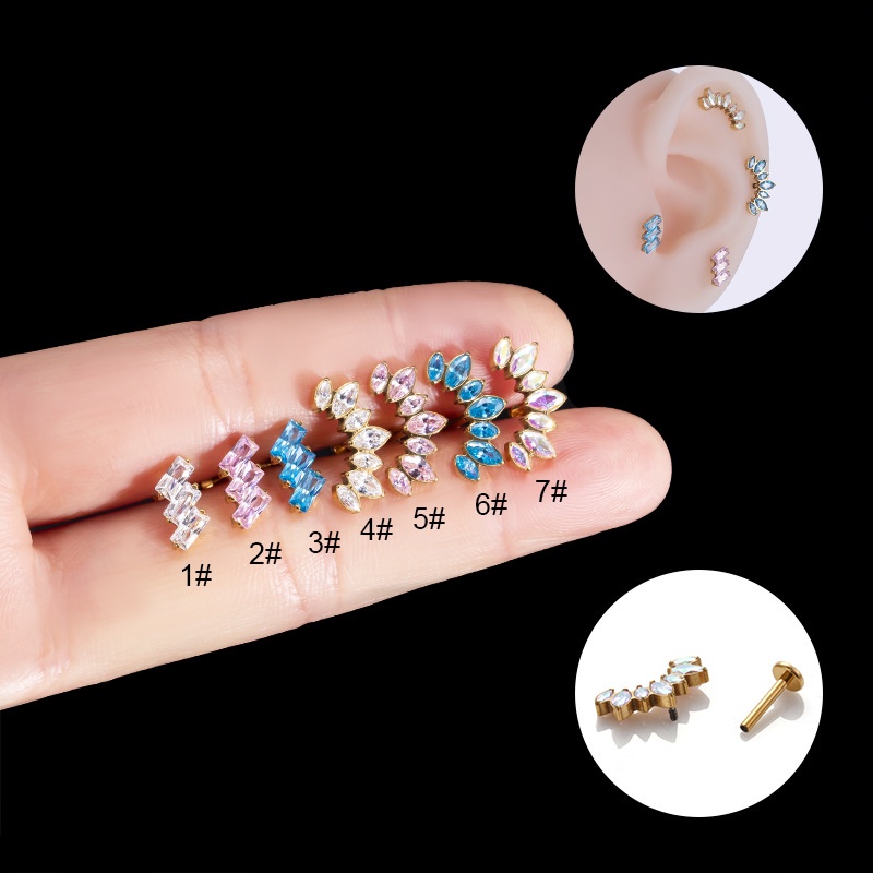 1buah Medis Hypoallergenic G23 Baja Titanium Dengan Zirkon Benang Internal Lip Stud Kepala Datar Helix Tragus 16Gauge Piercing