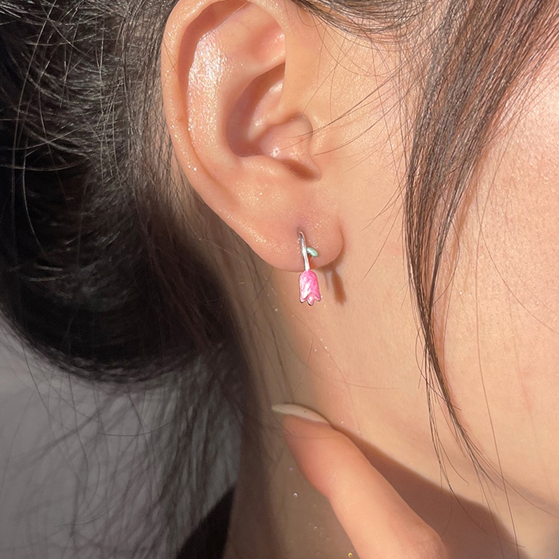 Papaozhu Elegan S925 Perak Merah Muda Tulip Anting Kait Untuk Wanita Gadis Temperamen Bunga Manset Anting-Anting Manis Telinga Perhiasan Pacaran Pakaian Sehari-Hari