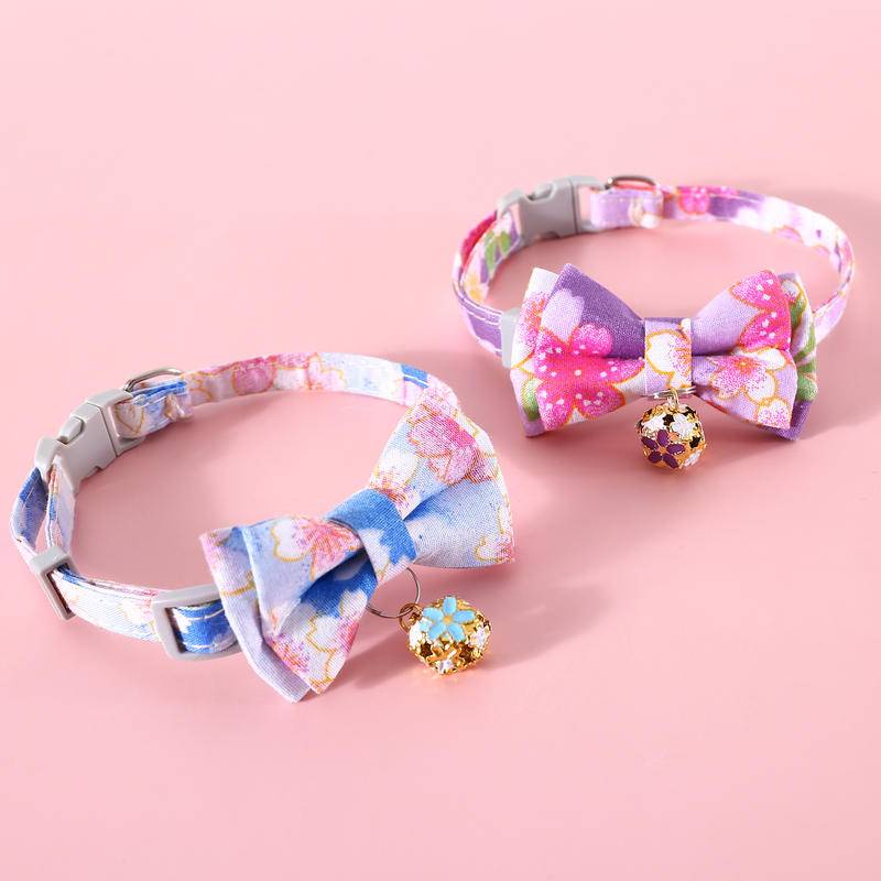 Pet cat collar flower bow with bell pendant print detachable bow tie cat dog adjustable Kalung Aksesoris