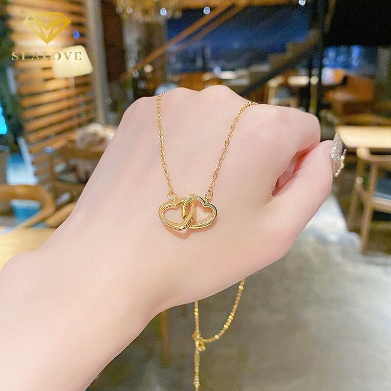 Hati Berlian Mewah Kalung Titanium Wanita Anti Karat Emas 18K Perhiasan Wanita Fashion Korea