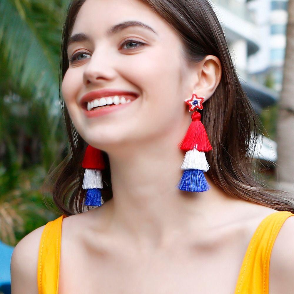 Mxbeauty Anting Rumbai Panjang Perhiasan Aksesoris Hadiah Klasik Ear Hook Menjuntai Anting Hari Kemerdekaan Wanita Drop Earrings