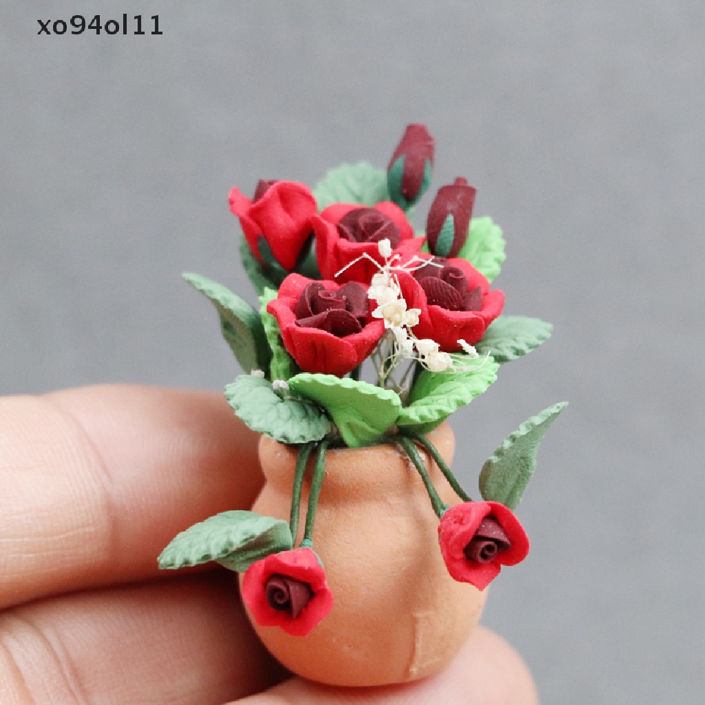 Xo 1: 12rumah Boneka Miniatur Mawar Bunga Flowers Pot Model Taman Dekorasi Mainan Aksesoris Rumah Boneka OL