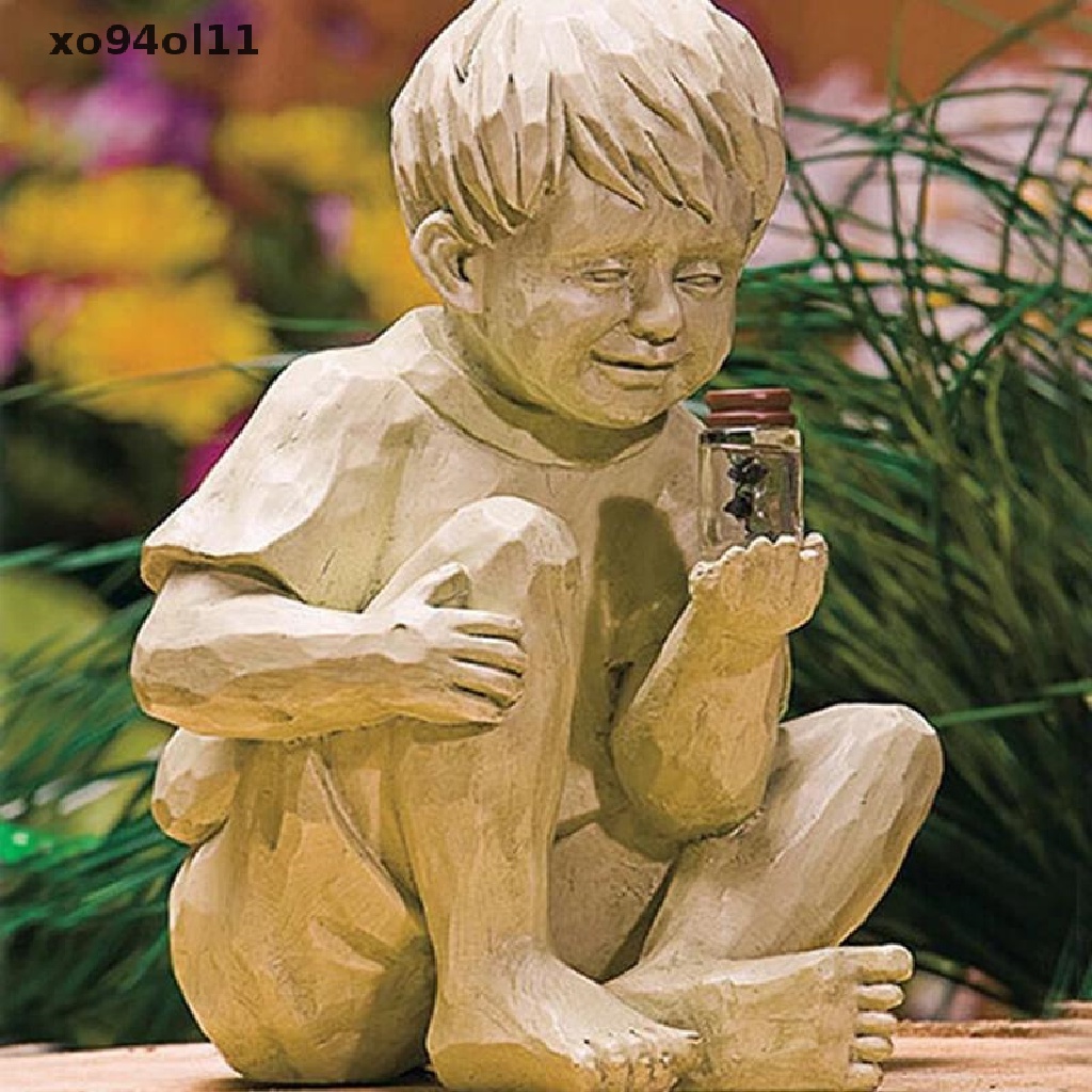 Patung XO A Kid Dengan Kunangkunang Tenaga Surya Patung Taman Bahan Resin Alas Bunga Decor OL