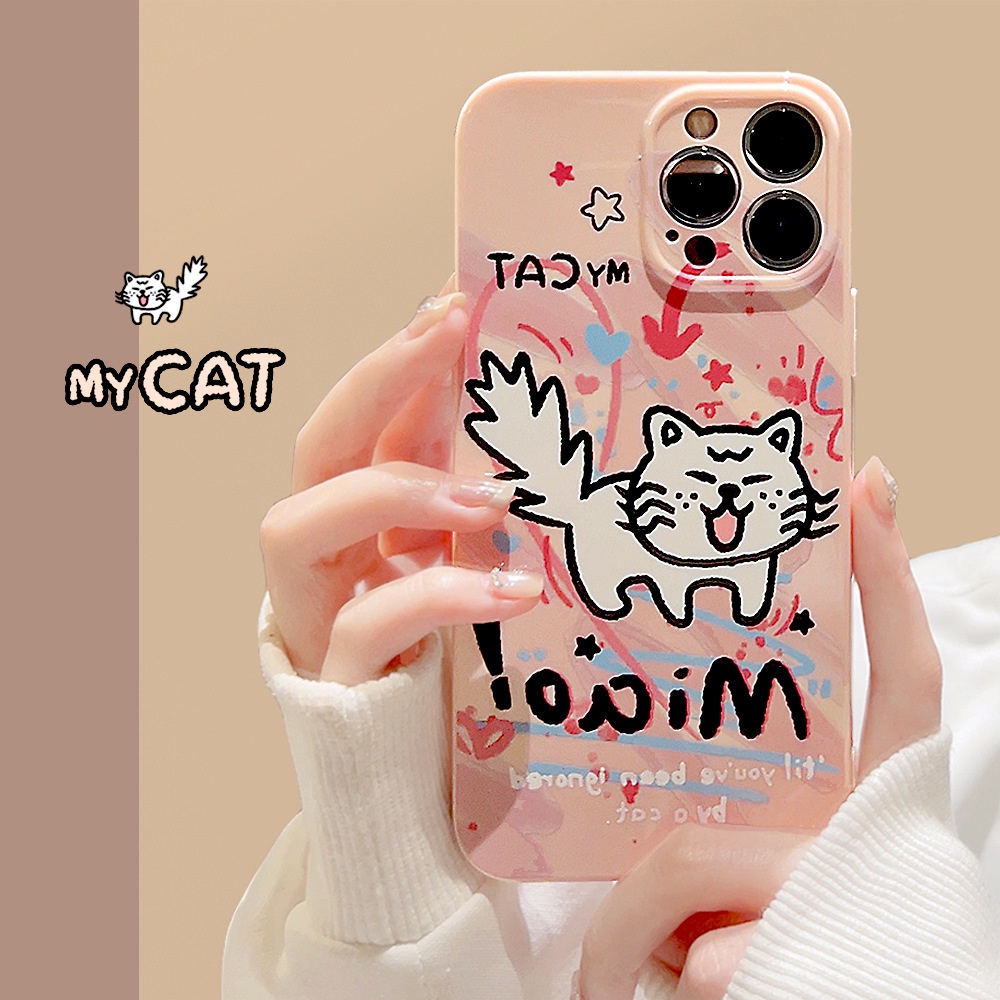 IPHONE Ins Lucu Pink Graffiti Line Cat Kartun Silikon Case Untuk Iphone14 11 12 13 PRO MAX Casing Cover Pelindung AT0190