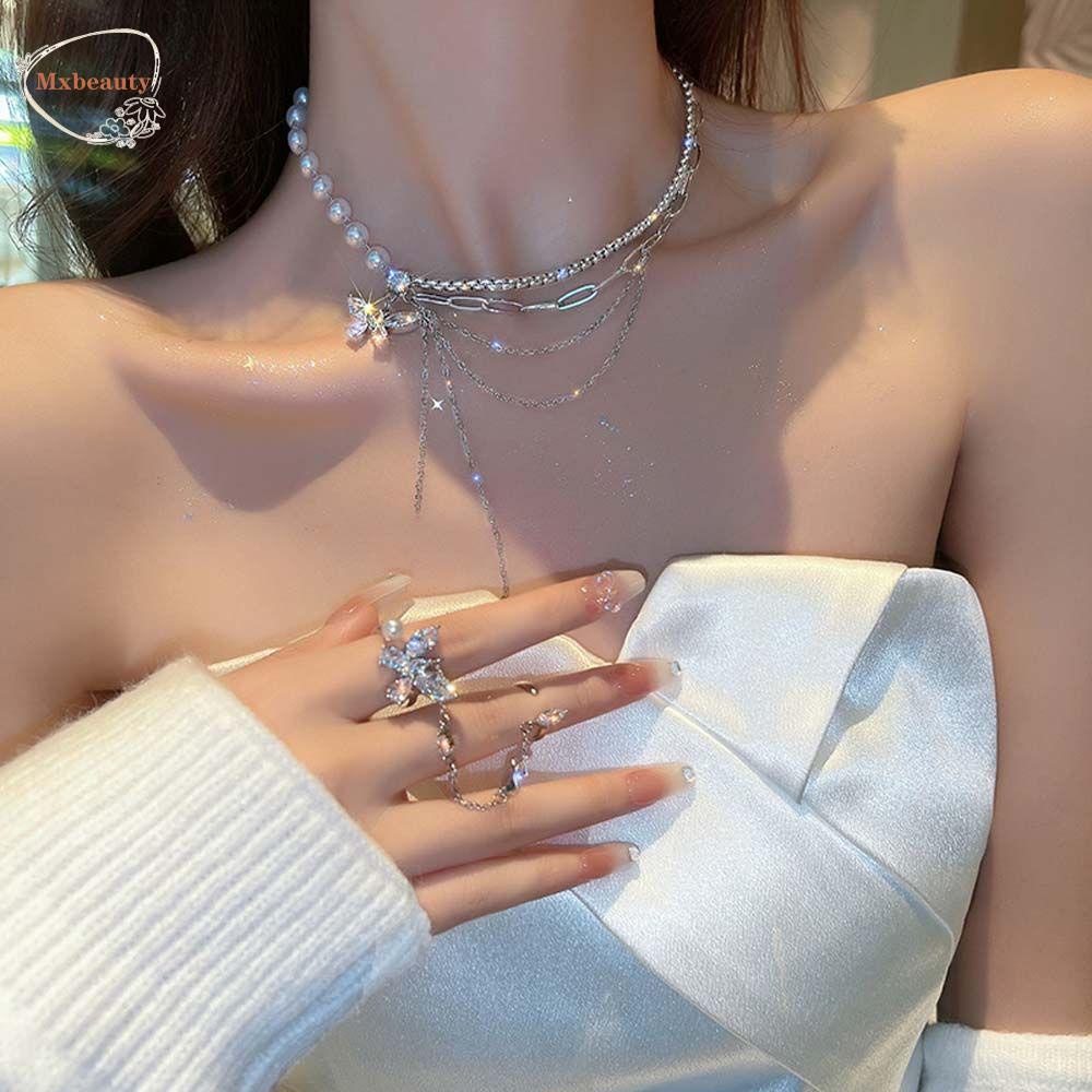 Mxbeauty Kalung Mutiara Elegan Hip Hop Perempuan Berlian Imitasi Choker Kupu-Kupu Liontin Wanita Rantai Klavikula