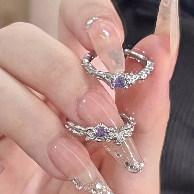 2pcs/set Cincin Kristal Ungu Set Fashion Zirkon Pembukaan Cincin Perak Untuk Aksesoris Perhiasan Wanita