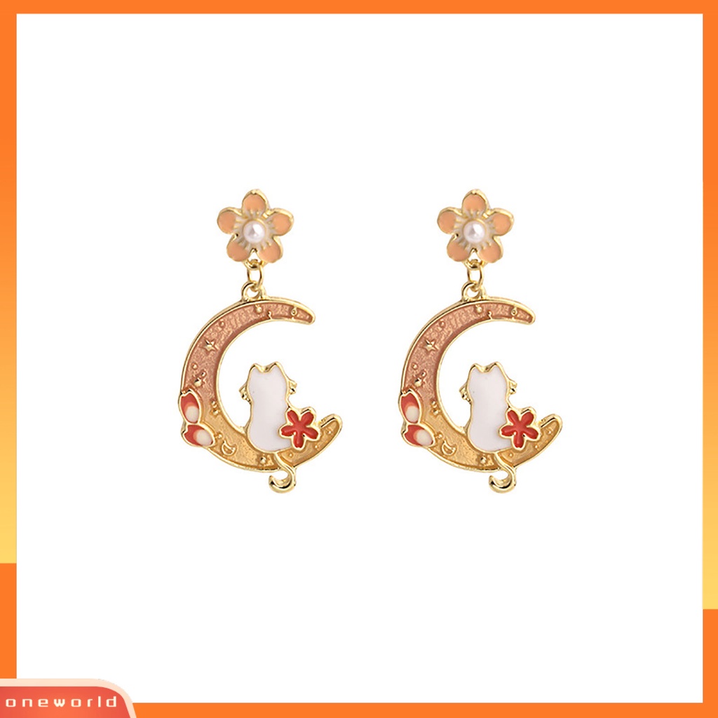 [EONE] 1pasang Anting Pejantan Kartun Pola Bunga Sederhana Geometris Electroplating Hias Warna Yang Sesuai Dengan Wanita Bulan Sabit Kelinci Lucu Menjuntai Anting-Anting Aksesori Fashion