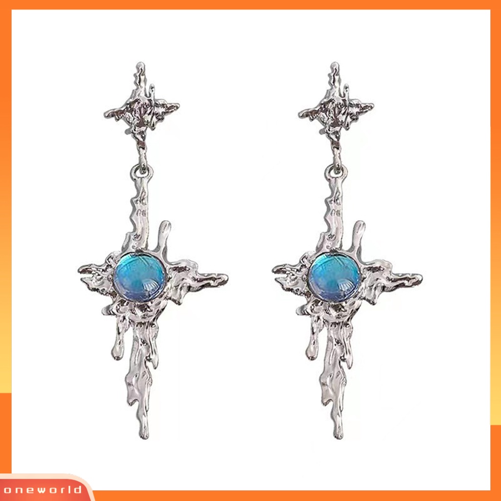 [EONE] 1pasang Drop Earrings Tidak Teratur Cair Logam Panjang Rumbai Hip Hop Kilau Terang Hias Hadiah Wanita Cross Faux Moonstone Pendant Stud Earrings Perhiasan Aksesori Fashion