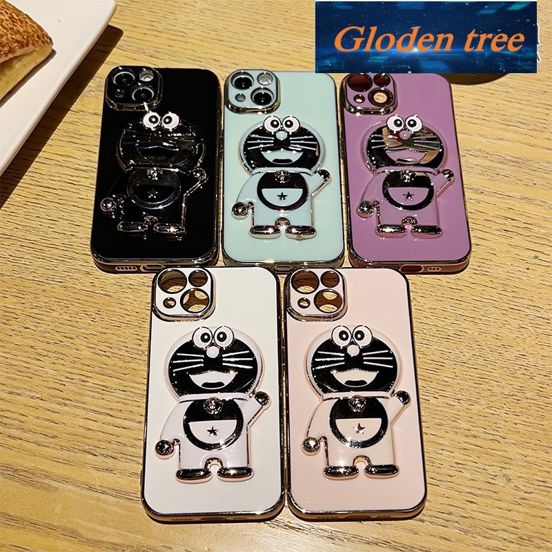 Gloden tree Casing Untuk Xiaomi Redmi 9mi POCO M2 Case Fashion Kartun Doraemon Lipat Stand Phone Case Electroplating Shockproof Phone Holder Case
