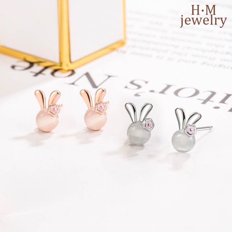S925 Perak Opal Rabbit Stud Earrings Lucu Dan Kompak Manis Aksesori