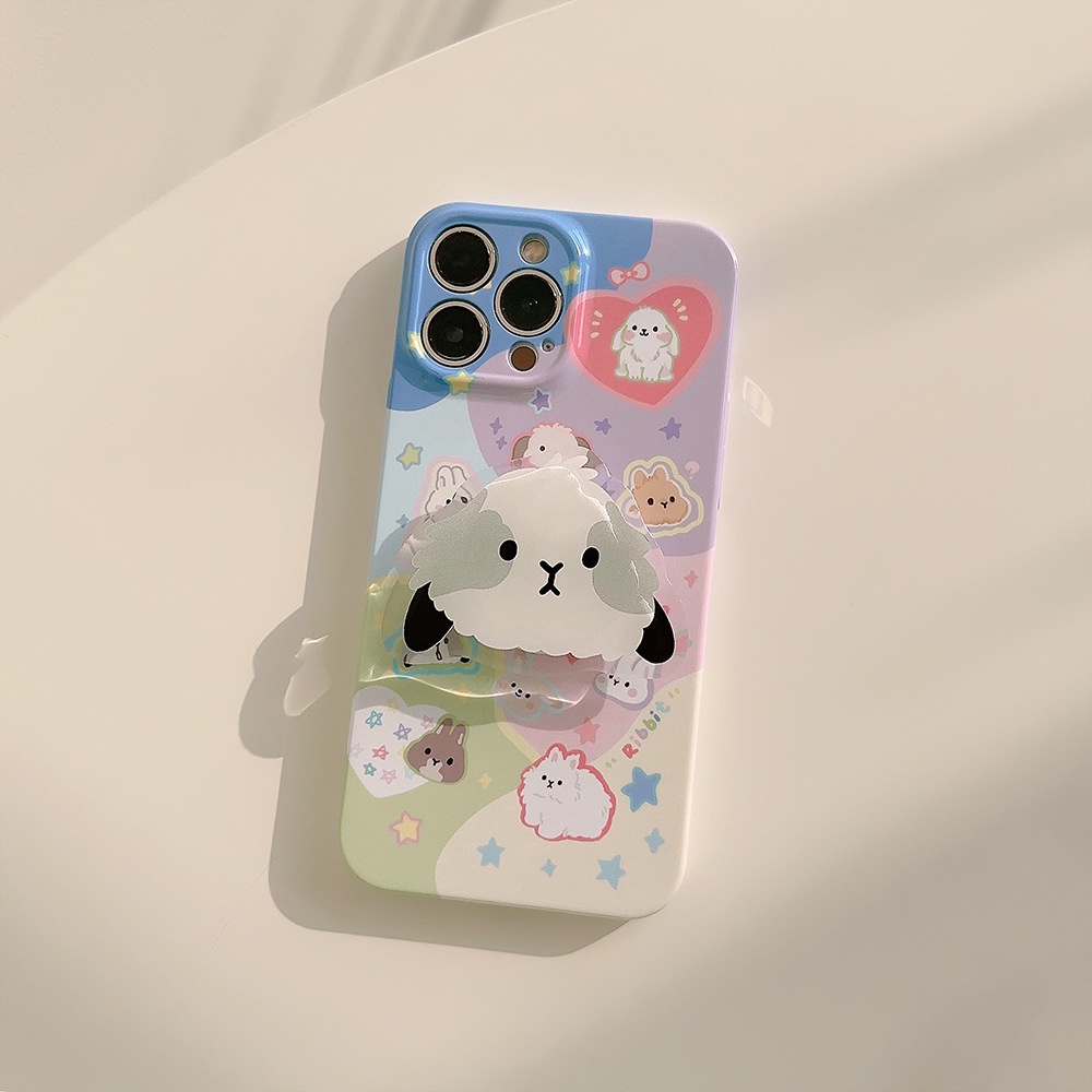 Ins Kelinci Lucu Kartun Hard Shell Film Fotografi Case Dengan Rabbit Holder Untuk Iphone SE 2020 7 /8 Plus 14x XR XM 11 12 13 PRO MAX Casing Cover Pelindung AT0236
