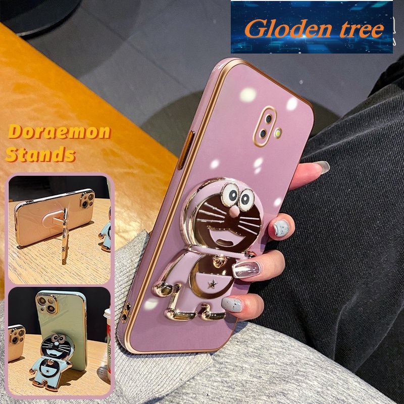 Gloden tree Casing Untuk Samsung J6 Plus 2018j6 Prime Case Fashion Kartun Doraemon Lipat Stand Phone Case Electroplating Shockproof Phone Holder Case