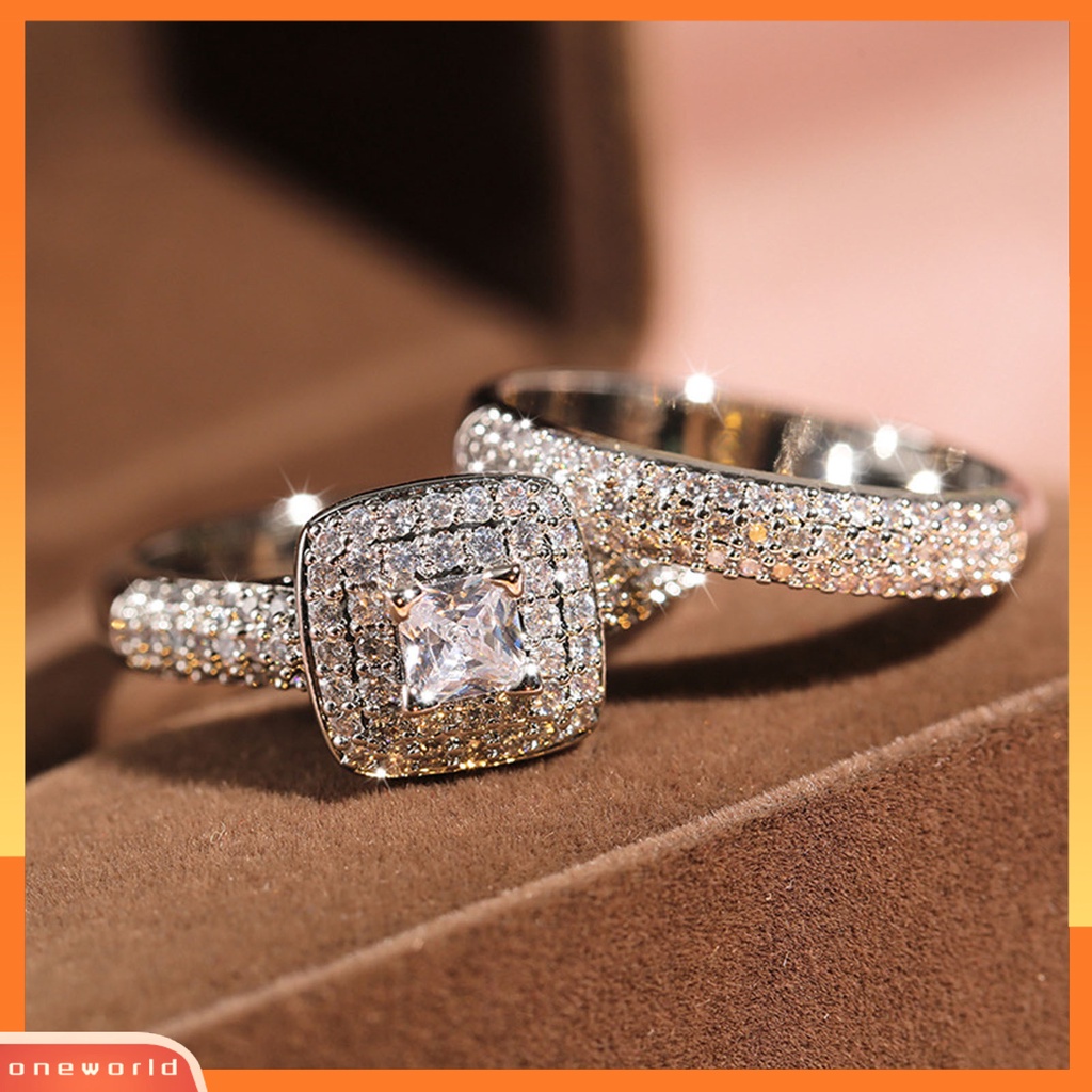 [EONE] 2 Pcs Wanita Cincin Mewah Berlapis Mengkilap Persegi Berlian Imitasi Berkilau Berdandan Hadiah Wanita Jari Cincin Perhiasan Pernikahan Aksesori Busana