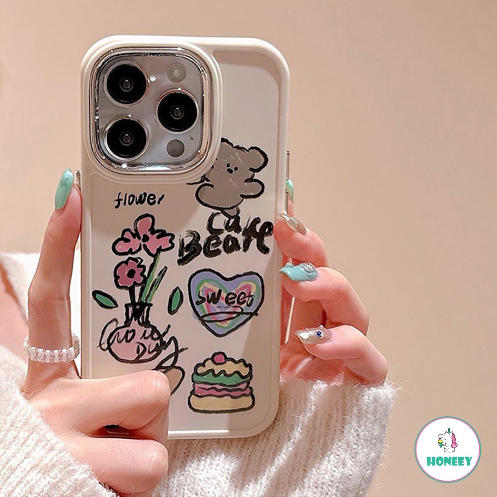 IPHONE Casing Ponsel Beruang Kue Bunga Graffiti Lucu Kompatibel Untuk Iphone14 13 11 12 Pro Max Manis Shockproof Kartun Cover