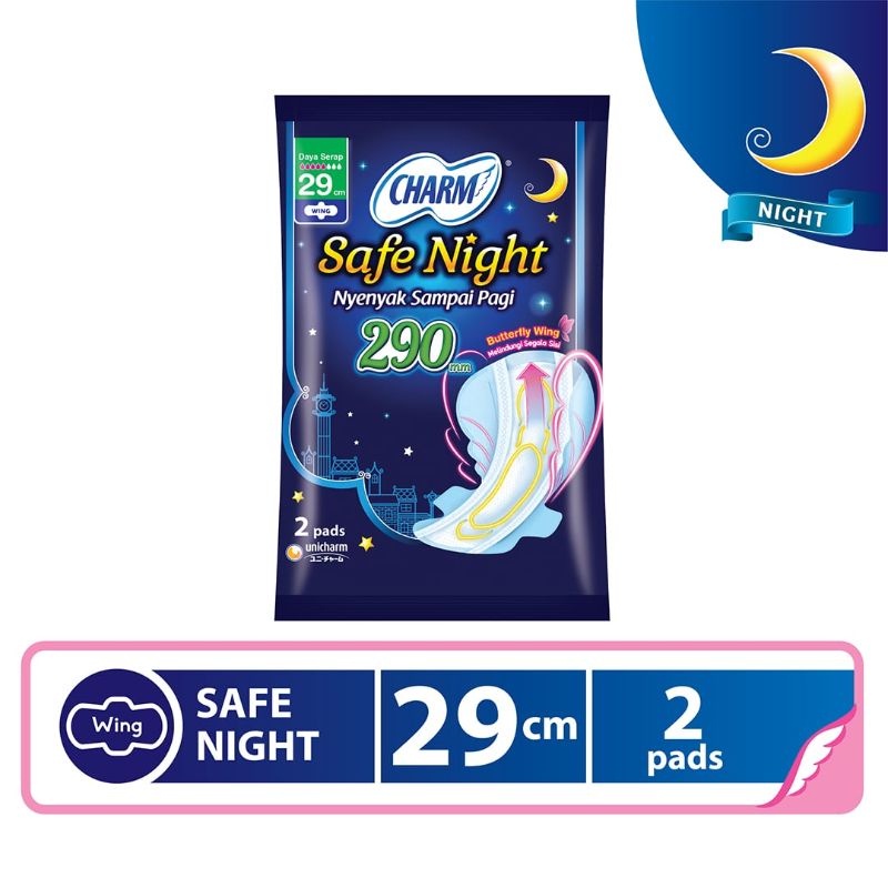 Charm pembalut wanita safe night 29cm isi 2 pads/sachet