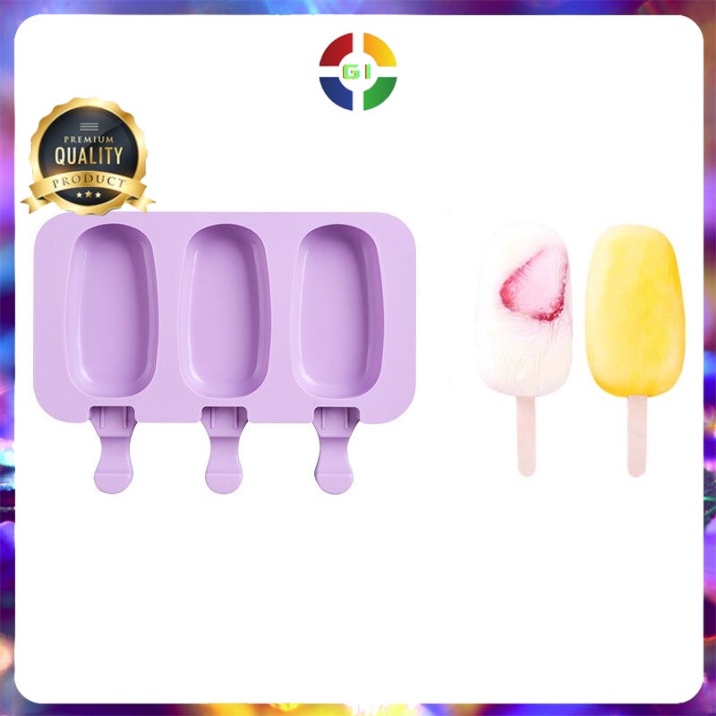 Cetakan Es Krim 3 Hole Silicone Mold Dessert with 50 Popsicle Stick Oval No Color