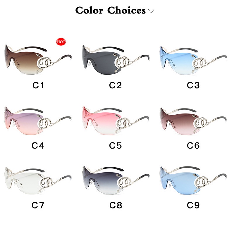 (YUZHU) Western Fashion Logam Tanpa Bingkai Kacamata One Piece Untuk Wanita Ular Candi Warna Gradien Sunglasses