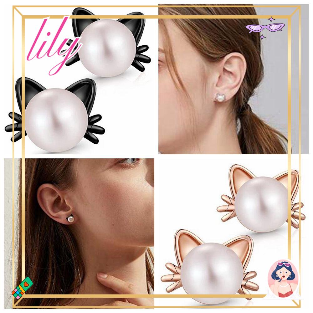 Anting LILY Cat Warna Hitam Untuk Wanita Gadis Perhiasan Elegan Giwang Mutiara Air Tawar