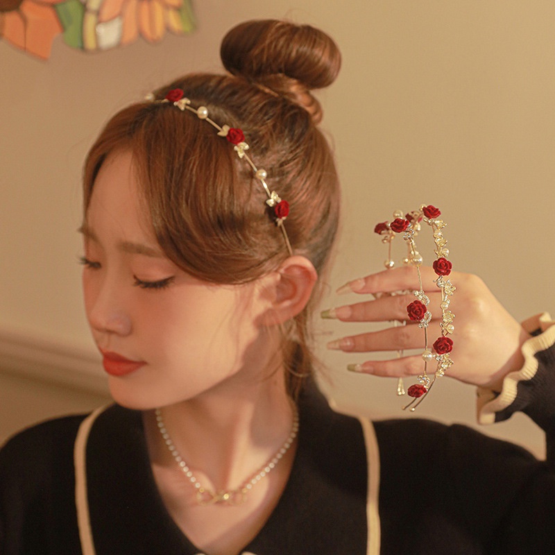 Bunga Merah Paduan Tipis Bando Fashion Mutiara Berlian Imitasi Rambut Band Aksesoris Rambut Wanita