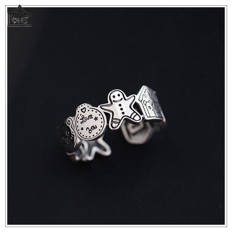 COD❤️Grafiti Perak Gingerbread Man Cincin Terbuka Adjustable Ring Retro Korea Vintage Gaya Untuk Pria Dan Wanita-A.one