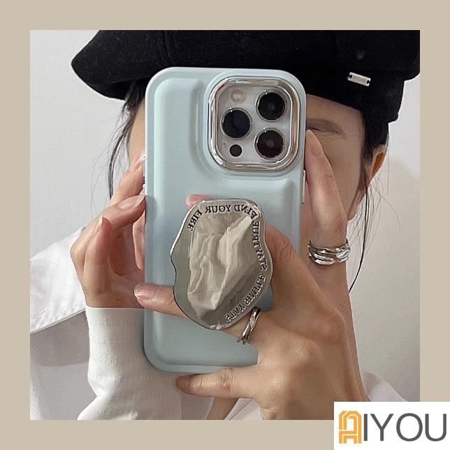 IPHONE Gaya Sederhana air cushion case Untuk Iphone11 12 13 14 Pro Max Plus cases Silikon Lembut shockproof cover Dengan Sliver Korea Mirror Bracket Phone Grip Tok Griptok Holder