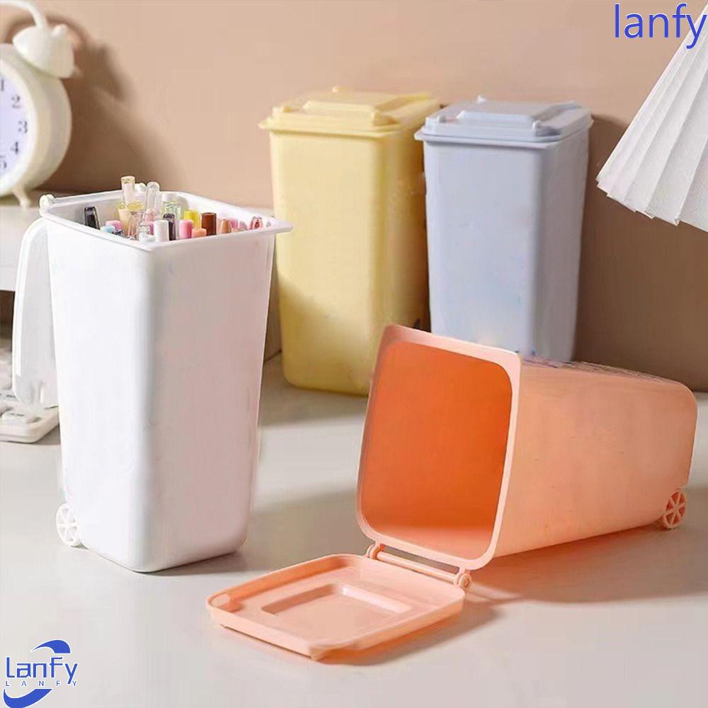 Lanfy Kotak Penyimpanan Desktop Dengan Penutup Tempat Pen Organizer Sampah Plastik Tahan Debu Tahan Air Keranjang Kertas Limbah Multifungsi