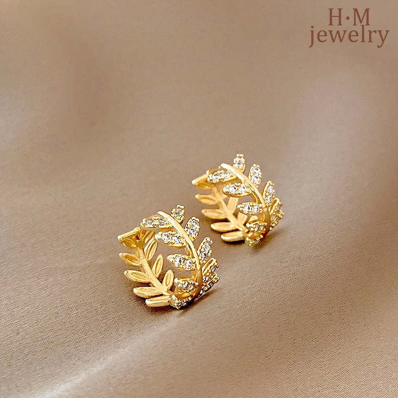 S925 Perak 18 K Emas Plating Mode Baru Berlian Berbentuk Daun Anting-Anting Sederhana Hoop Earrings