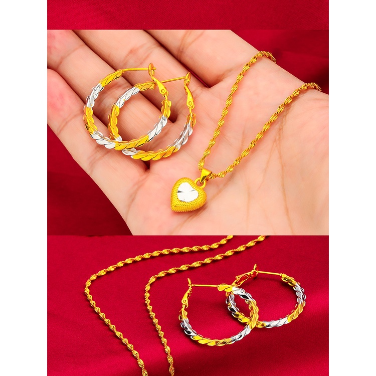 Goldkingdom Fashion Perhiasan Aksesoris Ready Stock Wanita Goreng Adonan Memutar Anting Warna Ganda Emas Dan Perak Liontin Kalung Set