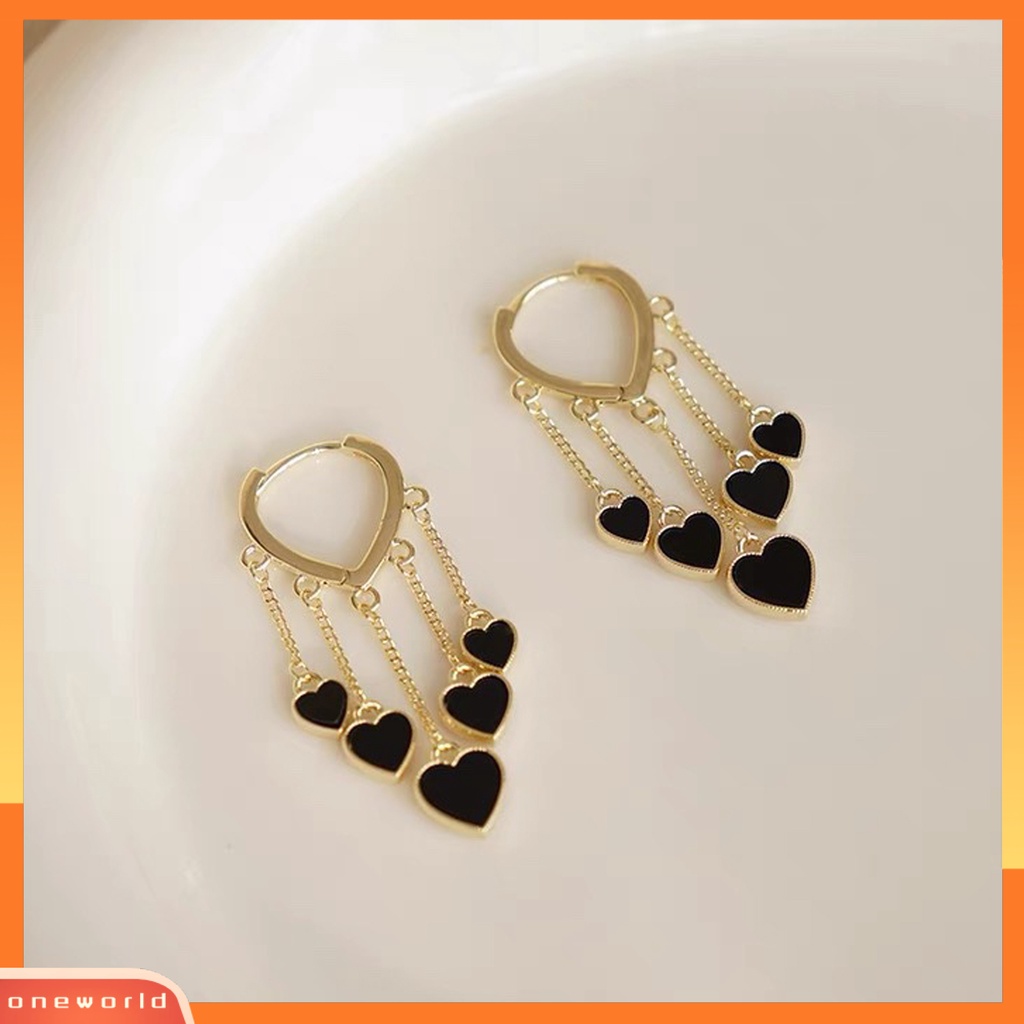 [EONE] 1pasang Anting Menjuntai Gaya Korea Temperamen Elegan Paduan Hati Hitam Wanita Drop Earrings Fashion Perhiasan