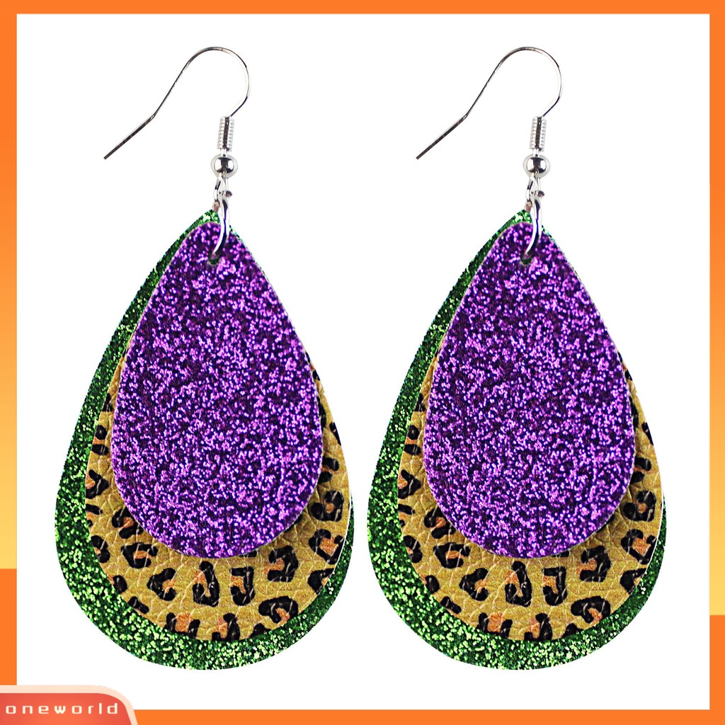 [ONE] 1pasang Anting Kait Warna-Warni Glitter Teardrop Berbentuk Daun 3lapisan Kulit Imitasi Menjuntai Anting Perlengkapan Karnaval