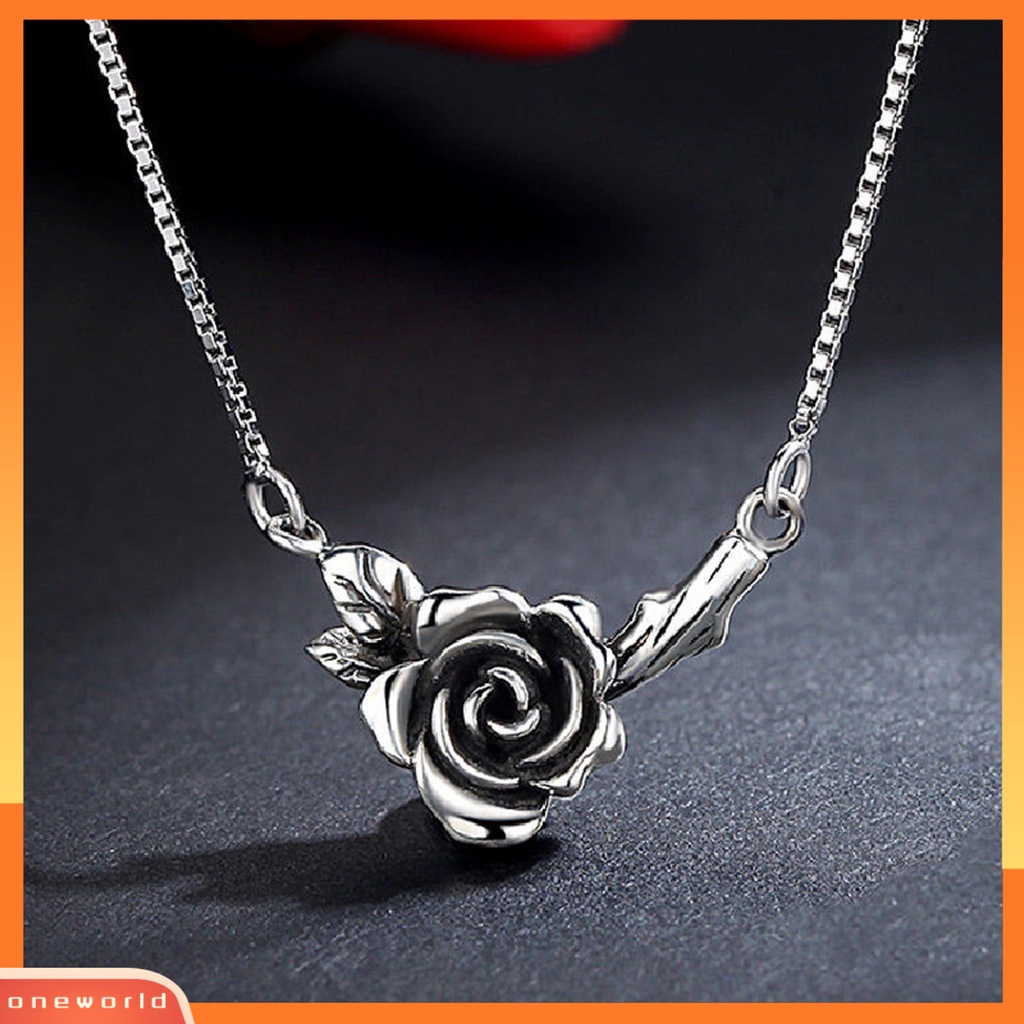 [EONE] Wanita Kalung Vintage Bunga Hitam Rose Stainless Desain Lama Leher Dekorasi Warna Perak Tepi Halus Rose Pendant Necklace Perhiasan Pesta