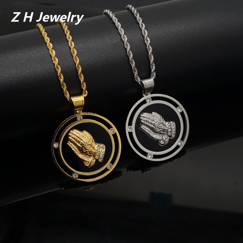 [Z H Perhiasan] Retro 18K Emas Disepuh Doa Bergamot Zirkon Liontin Fashion Pria Stainless Steel Kalung Hip Hop Pesta Baja Titanium Perhiasan Aksesoris Grosir