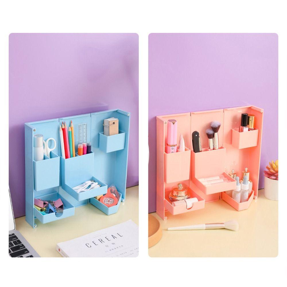 Lanfy Desktop Organizer Plastik Lipat Kamar Kantor Sekolah Makeup Brushes Holder Phone Stand Holder Pulpen Organizer Kotak Penyimpanan
