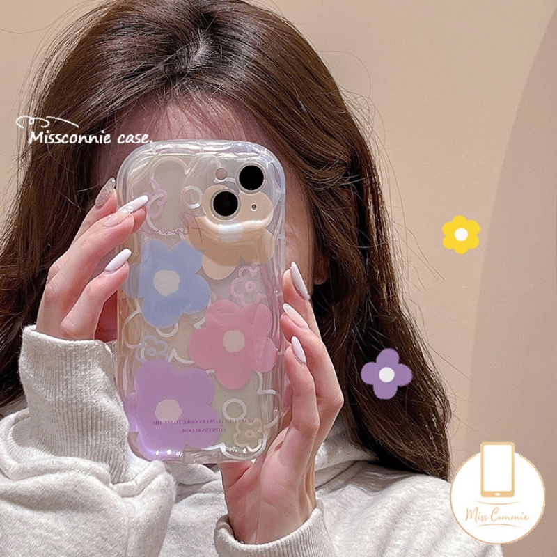 IPHONE Casing Bunga Segar Warna-Warni Kompatibel Untuk Iphone11 14 12 13 Pro Max 7Plus XR X7 8 6s 6 Plus XS Max SE 2020 Shockproof Soft Tpu 3D Wavy Curved Edge Glossy Cover Case