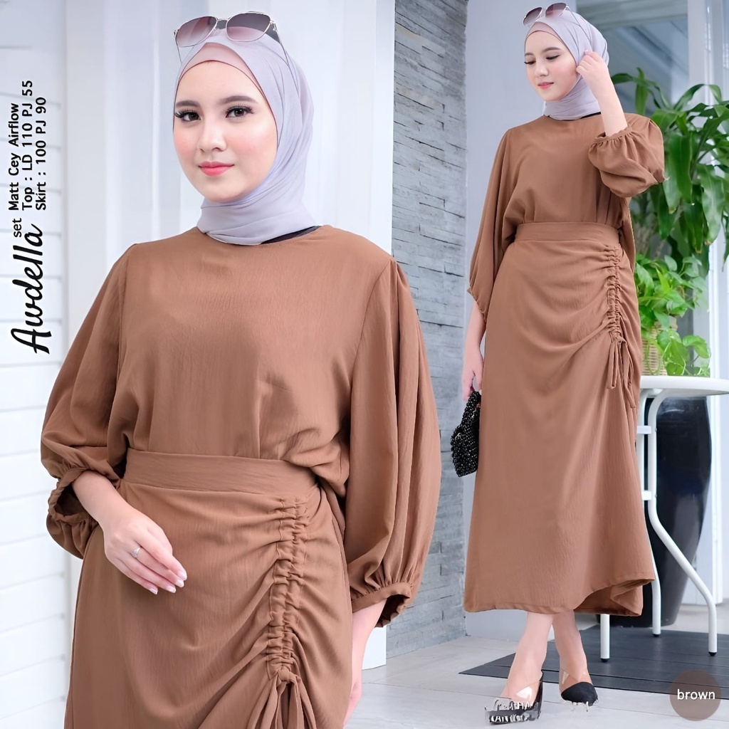 Awdella Set Setelan Wanita Muslim 2in1 Matt Cringkle Polos Basic Premium l Stelan One Rok Awdella