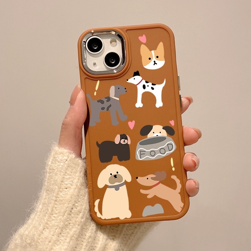 IPHONE Bingkai Tombol Logam Pink Dan Coklat Casing Ponsel Desain Puppy Layar Penuh Kompatibel Dengan Iphone12 13 14 11 Pro Max X Xs Max Xr Vvcdfr