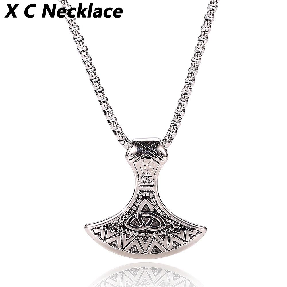 [X C Kalung] Kepribadian Fashion Baru Vintage Nordic Viking Pria Perunggu Pertempuran Raptor Kampak Viking Kapak Kepala Liontin Kalung Wanita Kalung Hadiah