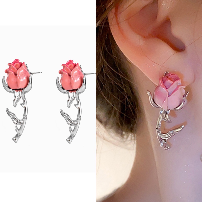 Cat Logam Retro Prancis Desain Bunga Mawar Merah Muda Anting Fashion