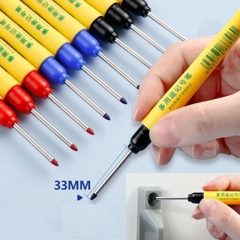 33mm Merah/Hitam/Biru Tinta Panjang Kepala Penanda Lubang Dalam/Multifungsi Tahan Air Cepat Kering Woodworking Marker Pen/Ubin Keramik Lantai Ubin Alat Menulis