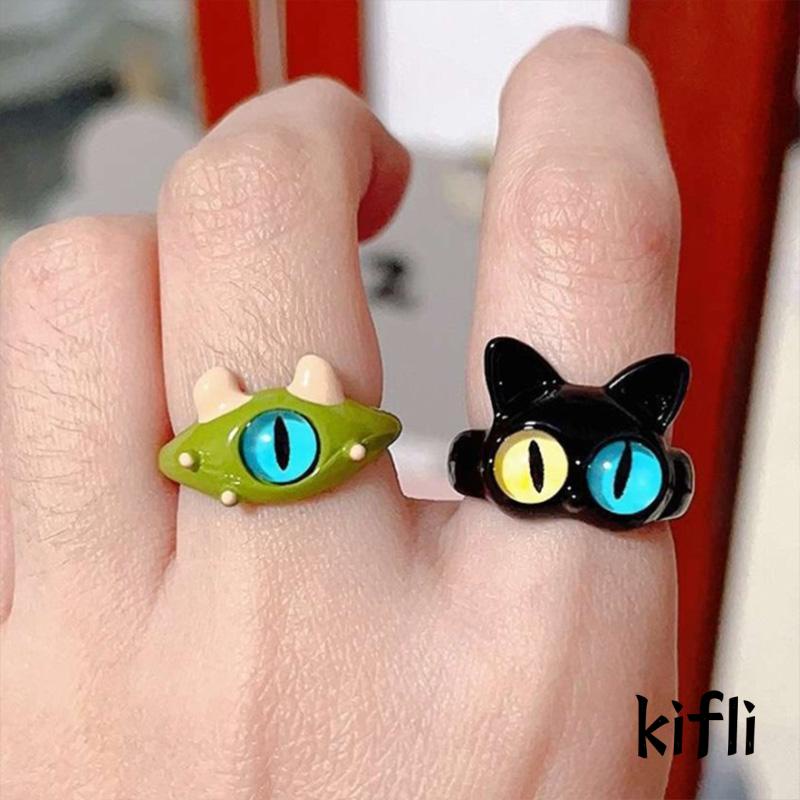 [KD] Cincin Pasangan Pacar Mata Besar Manis Keren Kartun Indah Lucu Kucing Hitam Cincin Monster Kecil