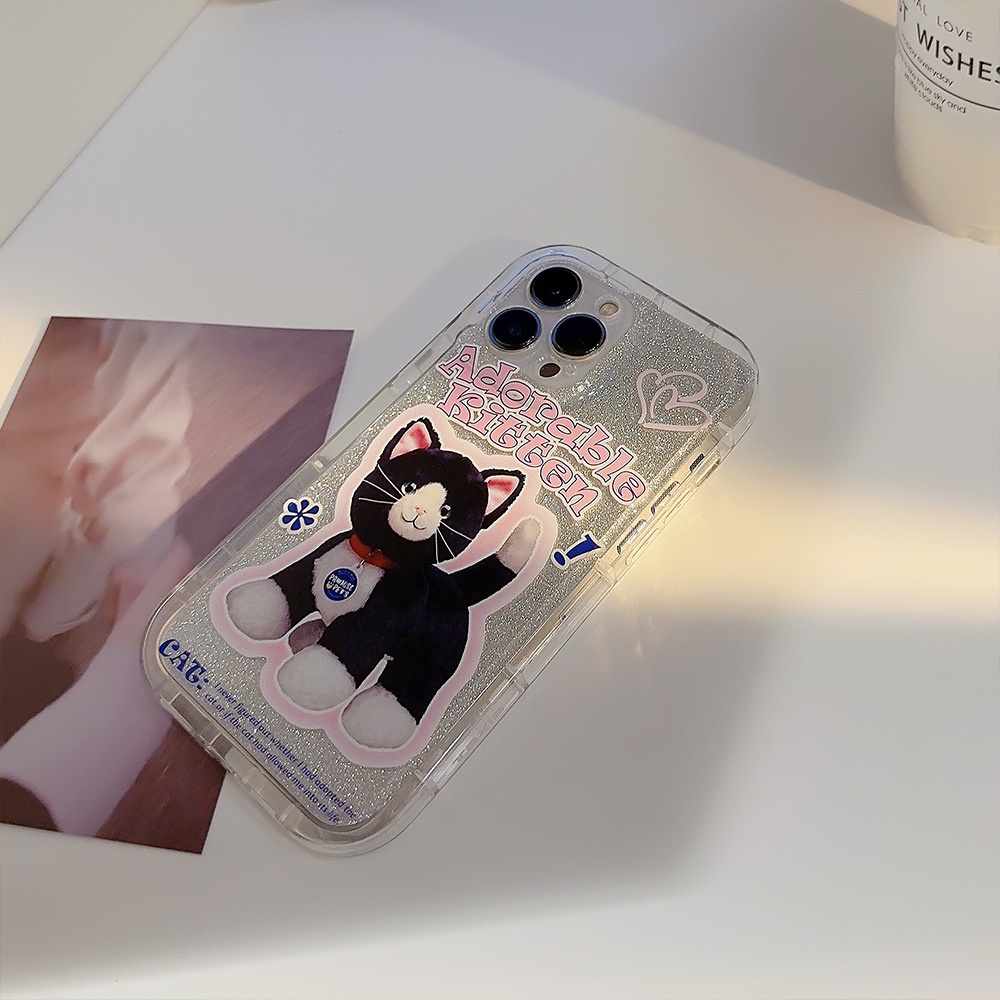 IPHONE Adorable Kitten Mainan Kucing Transparan Shockproof TPU Phone Case Cover Dengan Film Glitter Untuk Iphone11 12 13 14 PLUS PRO MAX
