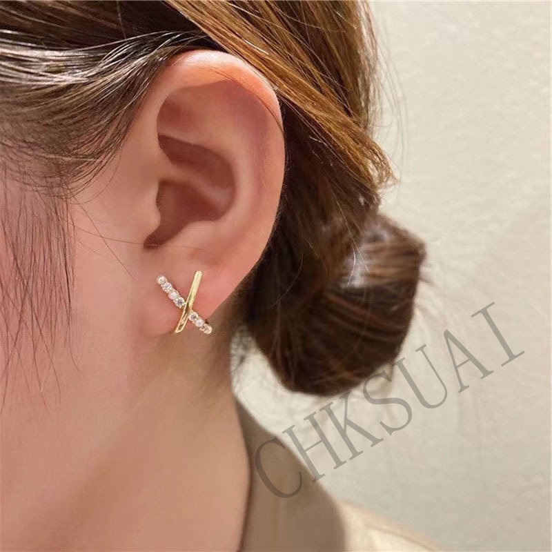 S925 Perak Jarum Anting Perempuan Versi Korea Mutiara Berlian Imitasi X-Berbentuk Salib Desain Anting Retro Earrings