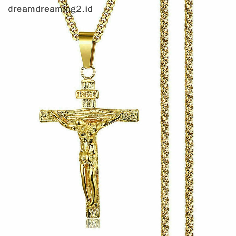 (drea) Mens Silver Stainless Steel Rantai Kalung Liontin Salib Yesus Kristus Salib//