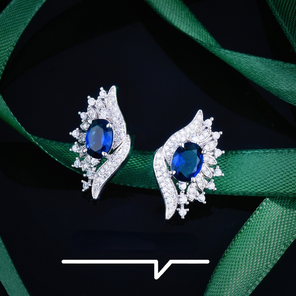 Goldkingdom Aksesoris Perhiasan Fashion Ready Stock Anting Safir Srilanka Alami Dengan Micro Full Berlian Mata Setan Berlian Biru Anting-Anting Perempuan