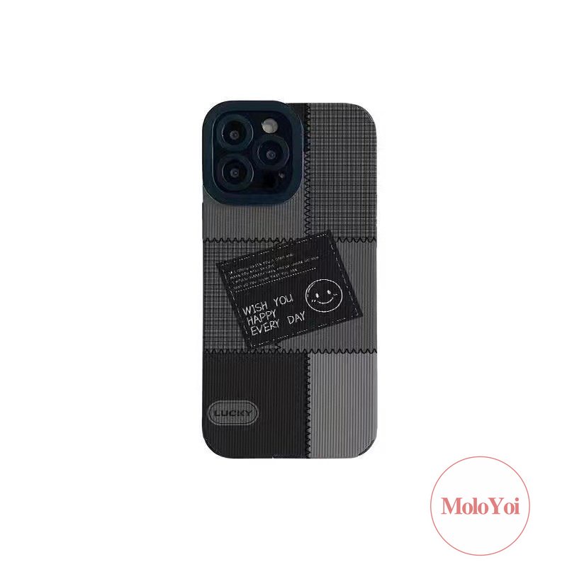 Stiker Tekstur Trendy Brand Case Kompatibel Untuk IPhone 7Plus XR X XS Max8 7 Plus 11 14 12 13 Pro Max Kulit Mewah Smiley Lucu Jahitan Label Hitam Lembut Phone Cover