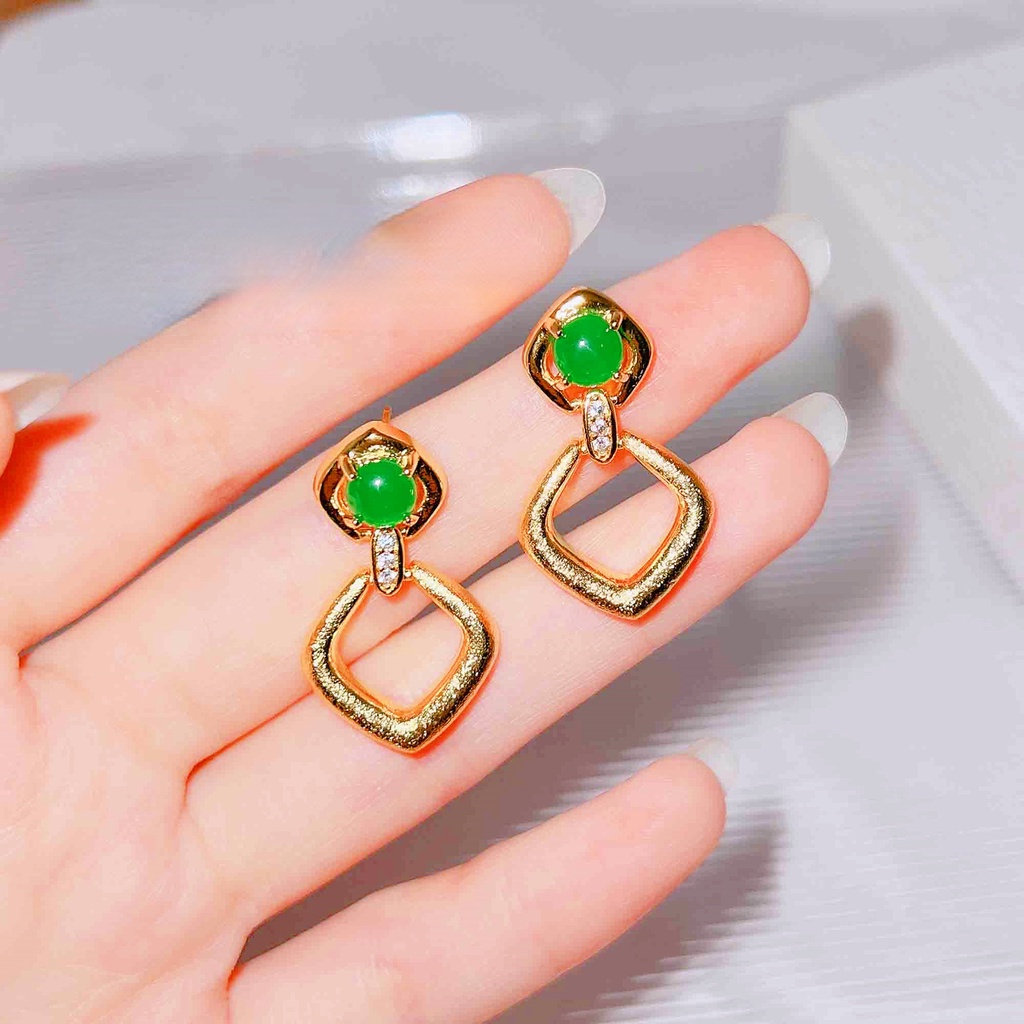 Goldkingdom Aksesoris Perhiasan Fashion Ready Stock Ukir Kawat Emas Proses Gambar Geometri Berlian Hijau Anting Tekstur Kalsedon Anting Perempuan