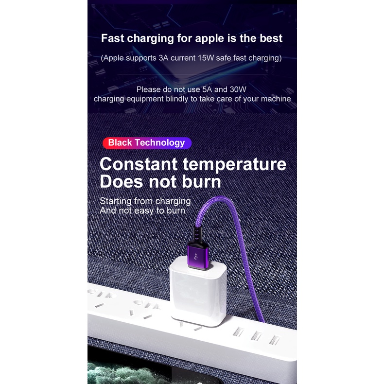 3a Kabel USB Tipe C 5A USB C Fast Charge Kabel Data Nylon Braided Charger USB Cable Untuk iPhone Huawei Realme Kabel Aksesoris Telepon Dengan Indikator LED