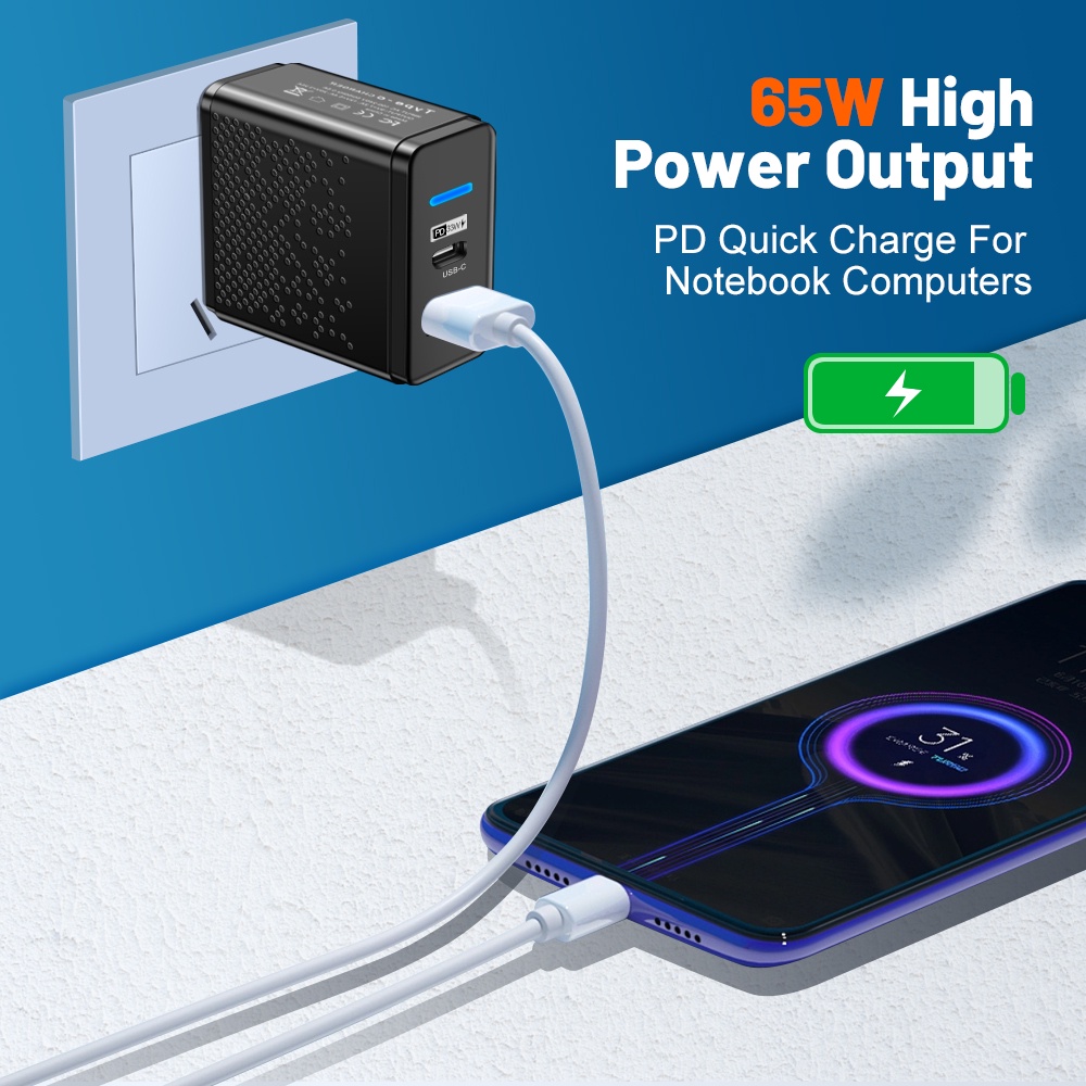 65w EU/US/UK Plug Fast Charger 2in1 USB-C USB-A Quick Charging Adapter Dual Port PD Power Delivery Charging Block GaN QC3.0 Charger Dinding Untuk Laptop Tablet Ponsel