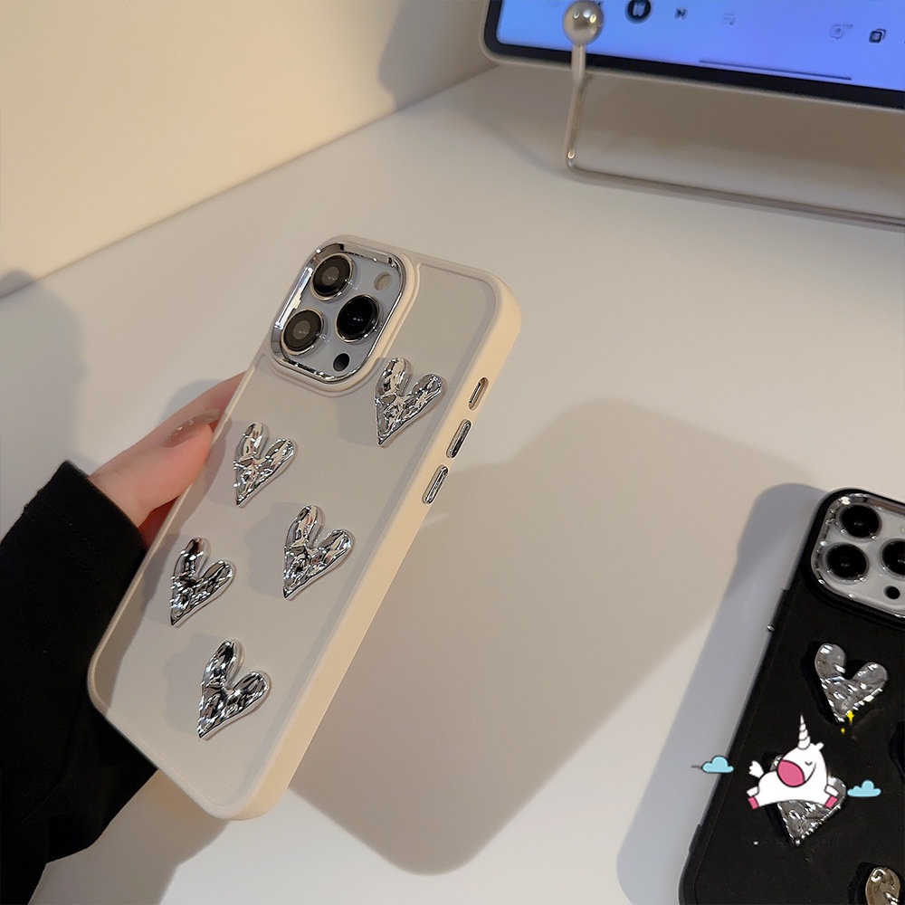 Mewah Lanjutan 3D Love Heart Plating Square Case Kompatibel untuk iPhone 7Plus 13 11 XR 14 12 Pro MAX X 8Plus XS MAX Fashion Sederhana Warna Solid Macaron Warna Permen Penutup Ponsel Lembut